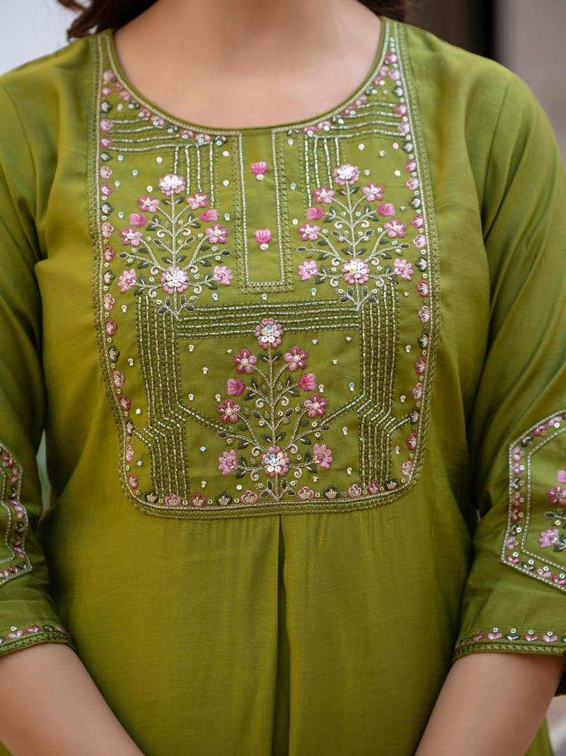 olive Color Embroidery Sequins with Hand Work Viscose Silk Kurta pant Set