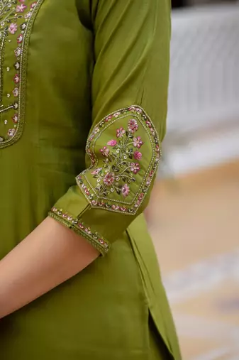 olive Color Embroidery Sequins with Hand Work Viscose Silk Kurta Pent Set
