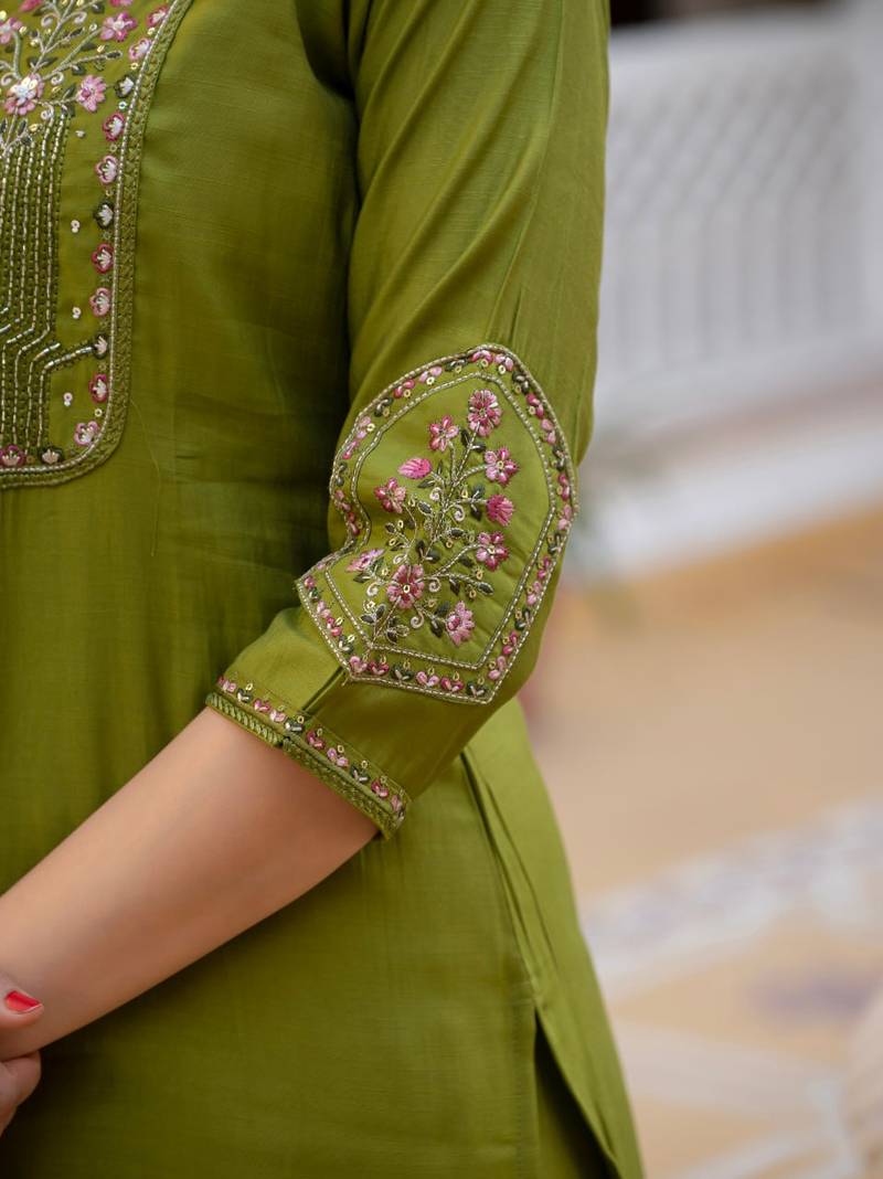 olive Color Embroidery Sequins with Hand Work Viscose Silk Kurta pant Set