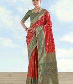 Red faux banarasi silk saree with zari woven design