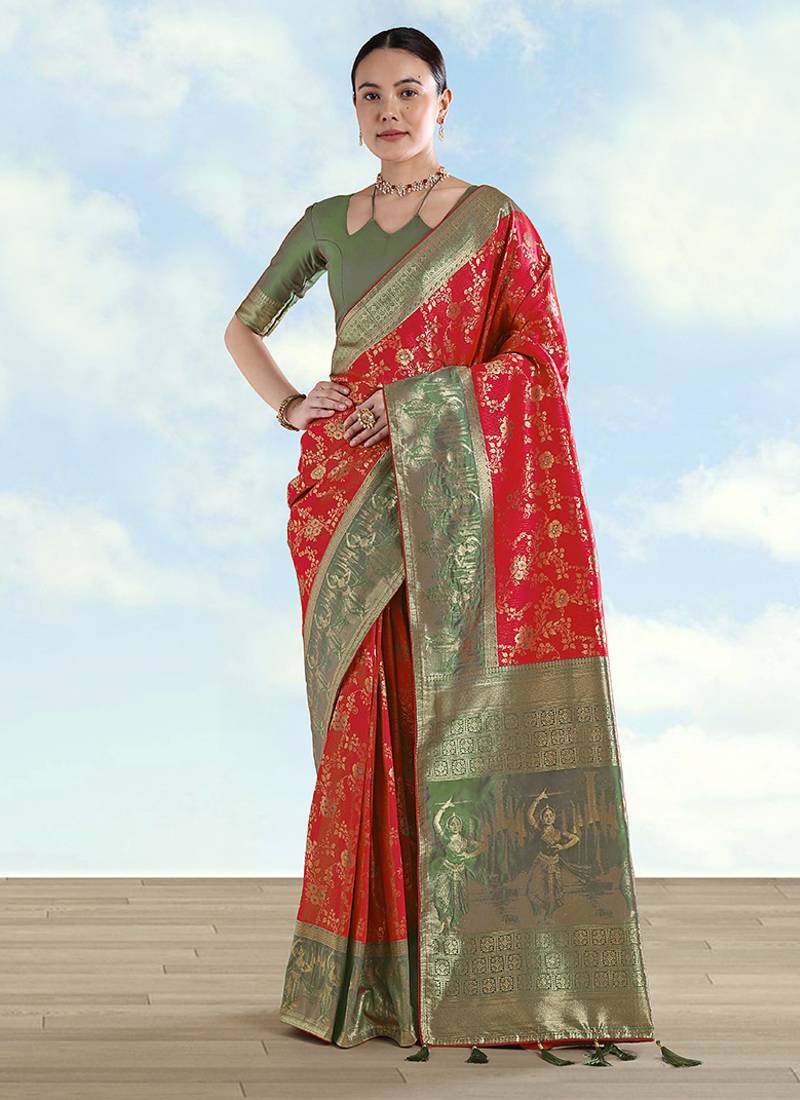 Red faux banarasi silk saree with zari woven design