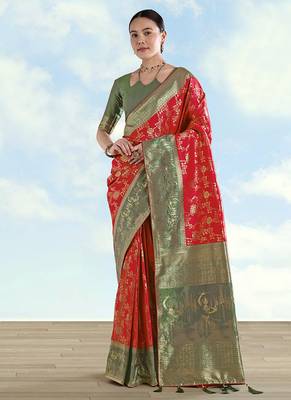 Red faux banarasi silk blend saree with zari woven design 2