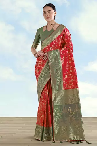 Red faux banarasi silk blend saree with zari woven design