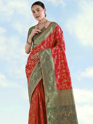 Red faux banarasi silk blend saree with zari woven design 3
