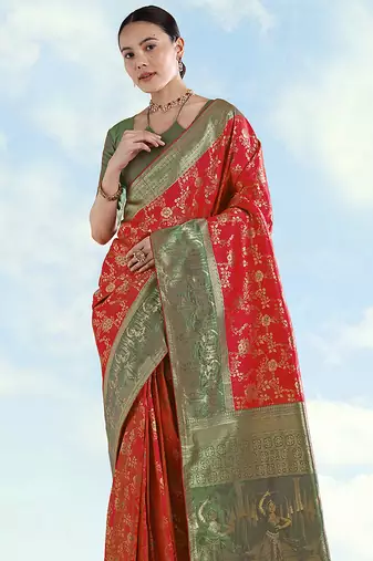 Red faux banarasi silk blend saree with zari woven design