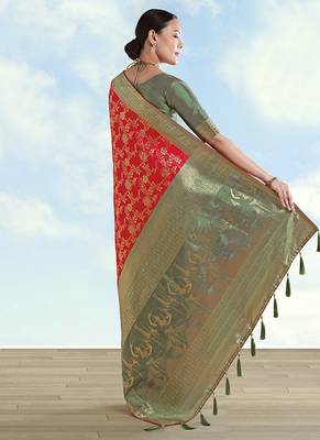 Red faux banarasi silk blend saree with zari woven design 4