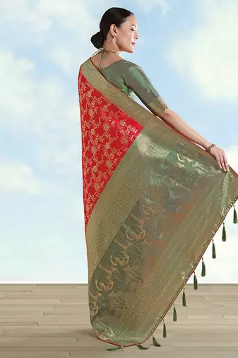 Red faux banarasi silk blend saree with zari woven design