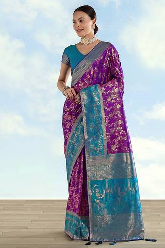 Purple faux banarasi silk saree with zari woven design