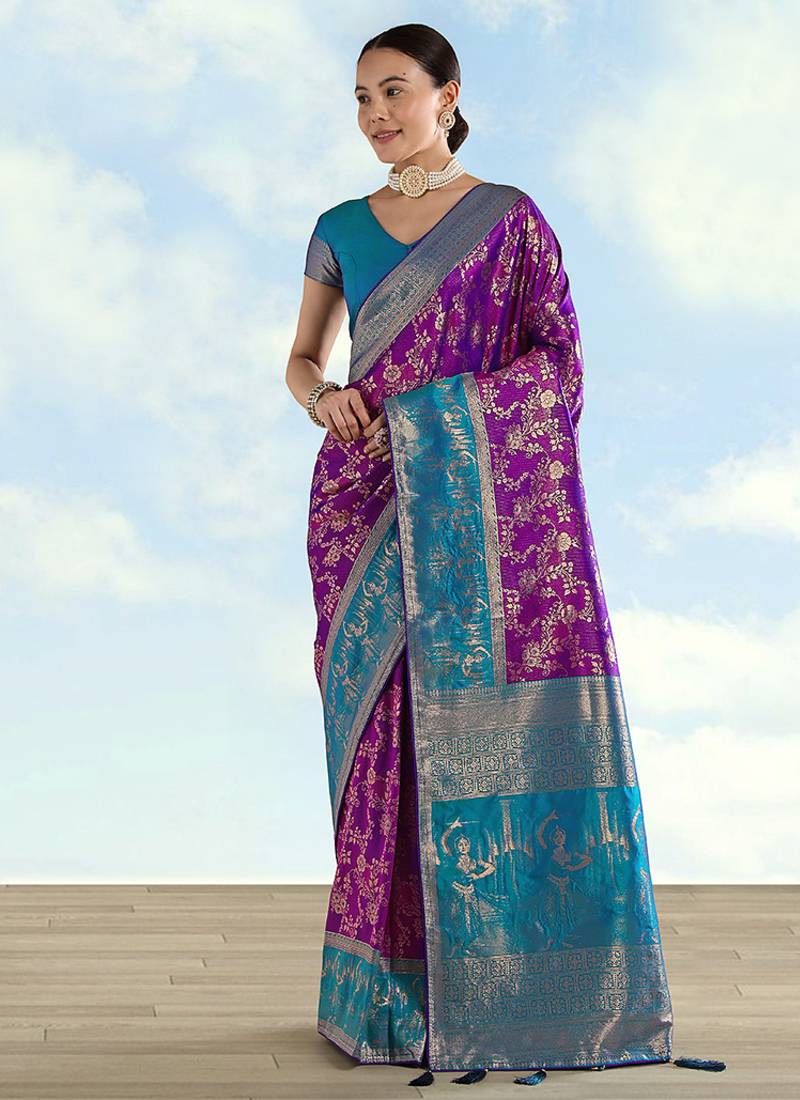 Purple faux banarasi silk saree with zari woven design