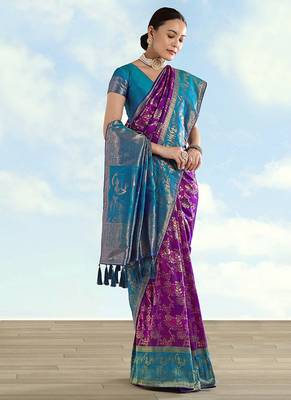Purple faux banarasi silk blend saree with zari woven design 2