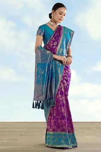 Purple faux banarasi silk blend saree with zari woven design