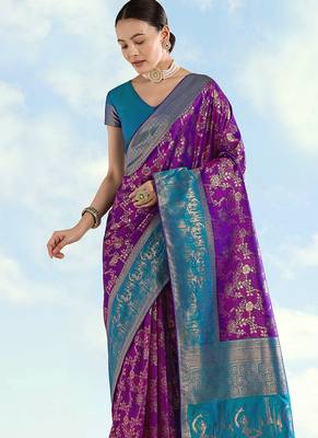 Purple faux banarasi silk blend saree with zari woven design 3