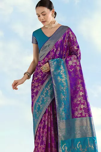 Purple faux banarasi silk blend saree with zari woven design