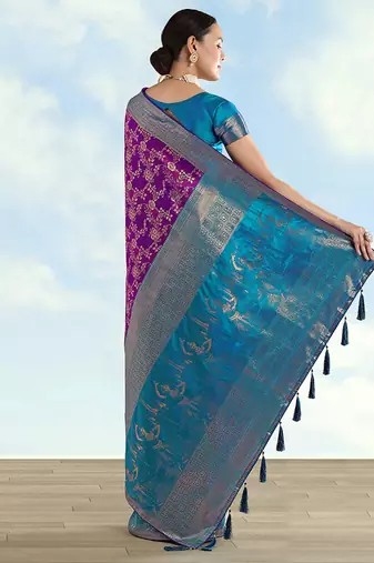 Purple faux banarasi silk blend saree with zari woven design