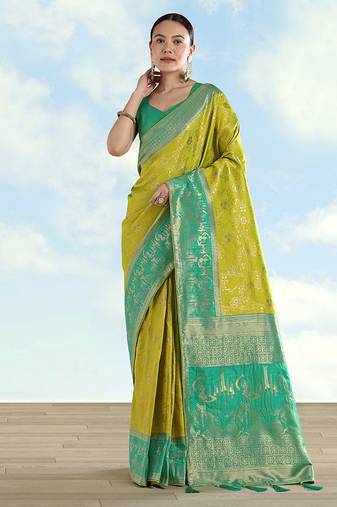 Pear faux banarasi silk saree with zari woven design