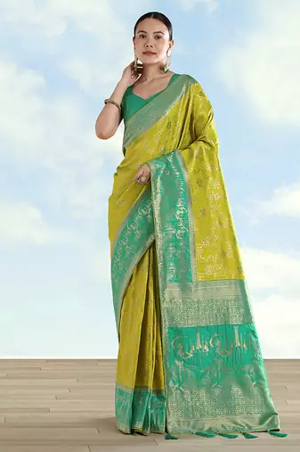 Pear faux banarasi silk saree with zari woven design