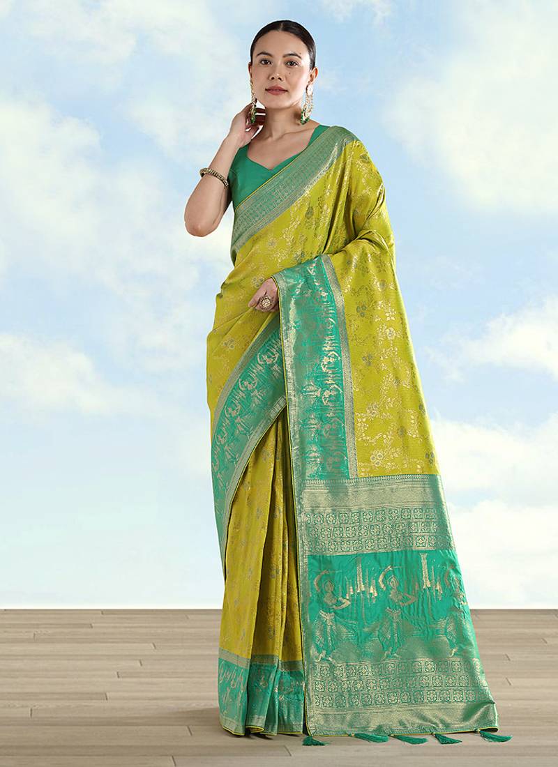 Pear faux banarasi silk saree with zari woven design