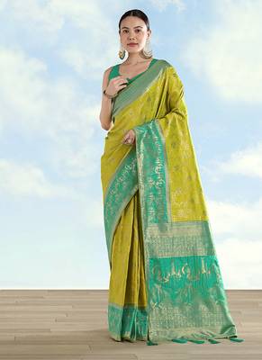Pear faux banarasi silk blend saree with zari woven design 2