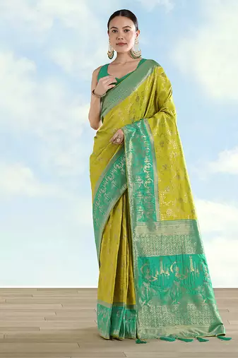 Pear faux banarasi silk blend saree with zari woven design