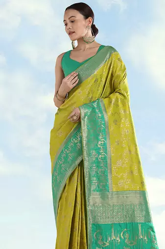 Pear faux banarasi silk blend saree with zari woven design