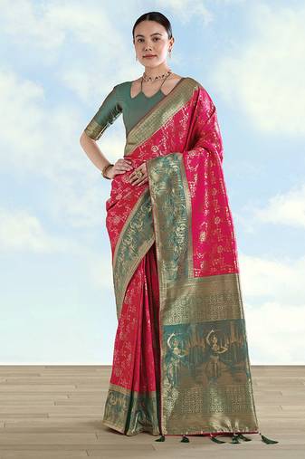 Rani pink faux banarasi silk saree with zari woven design