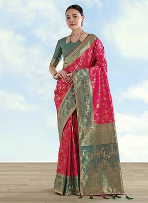 Rani pink faux banarasi silk blend saree with zari woven design 2