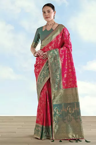 Rani pink faux banarasi silk blend saree with zari woven design