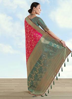Rani pink faux banarasi silk blend saree with zari woven design 4