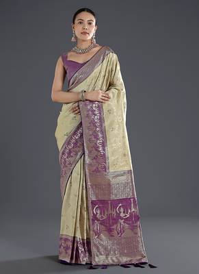 Cream faux banarasi silk blend saree with zari woven design 1