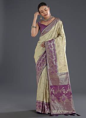 Cream faux banarasi silk blend saree with zari woven design 2