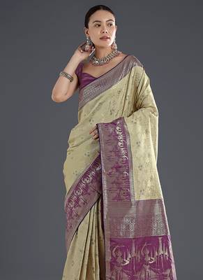 Cream faux banarasi silk blend saree with zari woven design 3