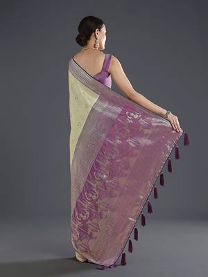 Cream faux banarasi silk blend saree with zari woven design 4
