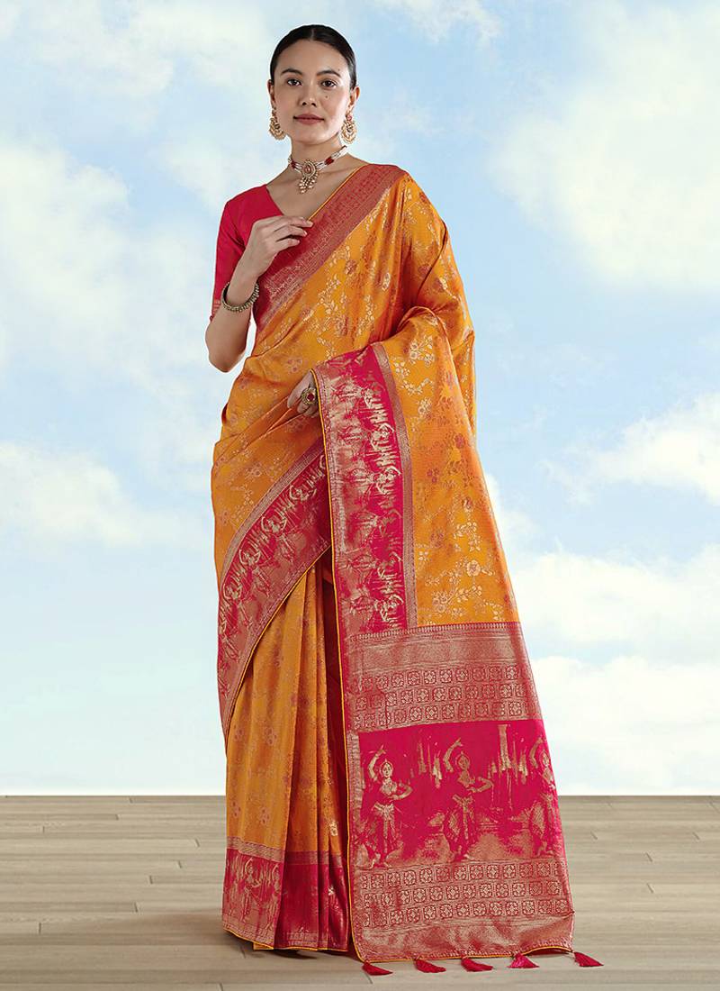 Orange faux banarasi silk saree with zari woven design