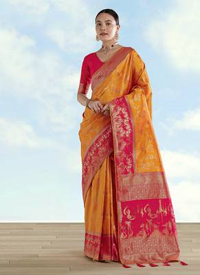 Orange faux banarasi silk blend saree with zari woven design 2