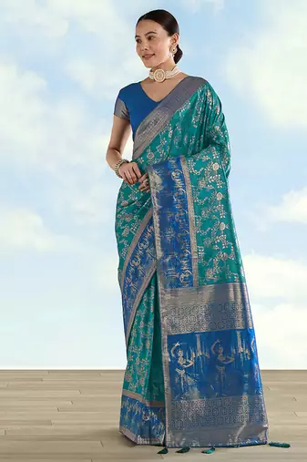 Turquoise faux banarasi silk saree with zari woven design