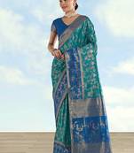 Turquoise faux banarasi silk saree with zari woven design