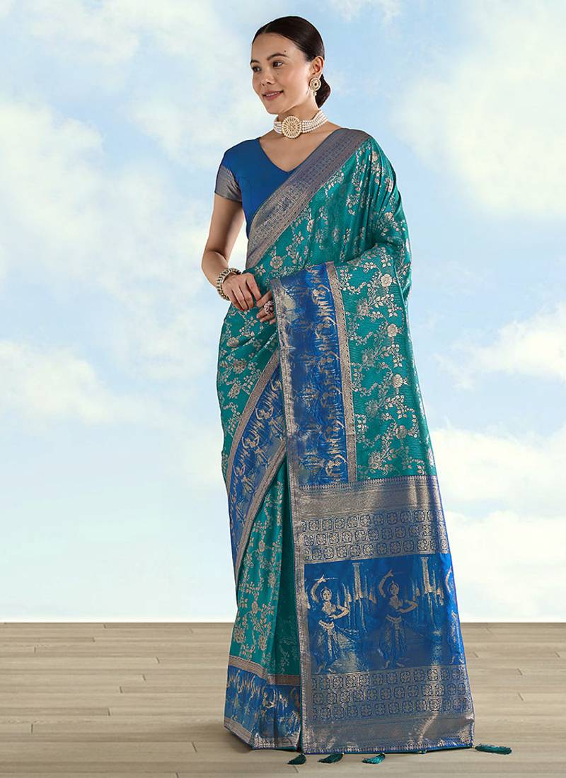 Turquoise faux banarasi silk saree with zari woven design