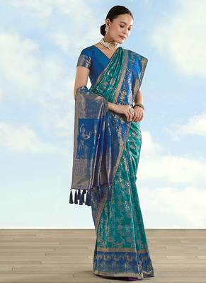 Turquoise faux banarasi silk blend saree with zari woven design 2