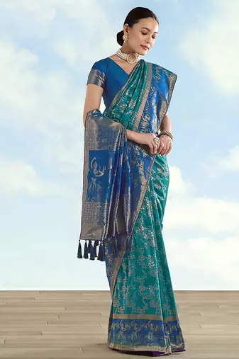 Turquoise faux banarasi silk blend saree with zari woven design