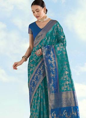 Turquoise faux banarasi silk blend saree with zari woven design 3