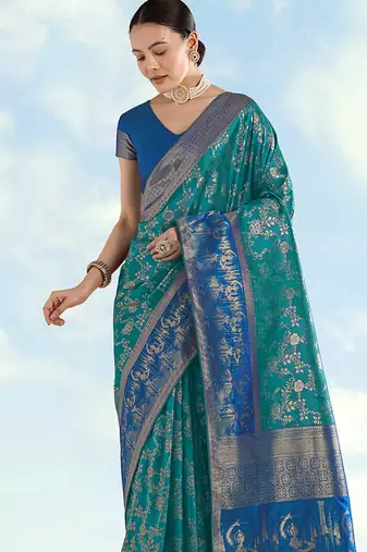 Turquoise faux banarasi silk blend saree with zari woven design