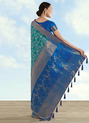 Turquoise faux banarasi silk blend saree with zari woven design 4