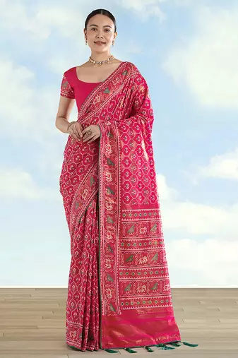 Rani pink faux banarasi satin silk saree with patola work