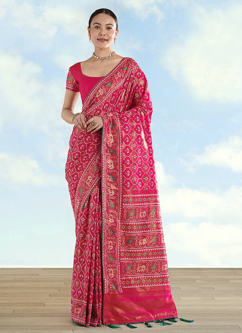 Rani pink faux banarasi satin silk saree with patola work