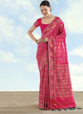 Rani pink faux banarasi satin silk blend saree with patola work 2