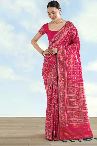 Rani pink faux banarasi satin silk blend saree with patola work