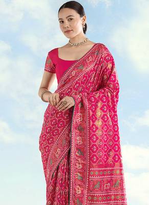 Rani pink faux banarasi satin silk blend saree with patola work 3