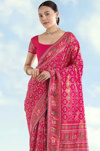 Rani pink faux banarasi satin silk blend saree with patola work