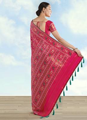 Rani pink faux banarasi satin silk blend saree with patola work 4