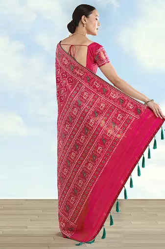 Rani pink faux banarasi satin silk blend saree with patola work